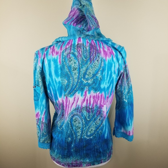 Forbidden Blue Pink Paisley Top with Hood Cotton L - Picture 2 of 7